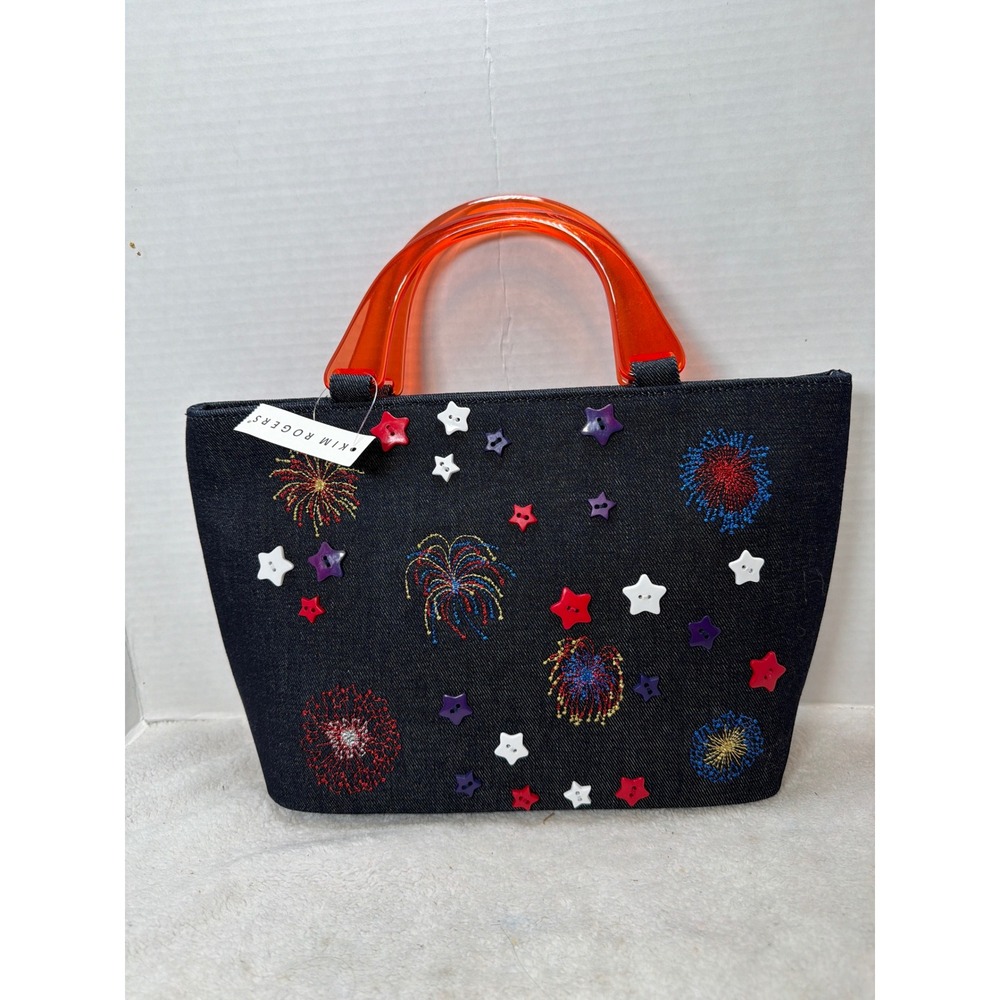 NWT VTG Kim Rogers Denim‎ Tote Bag Firework Stars Embellished Plastic Handles